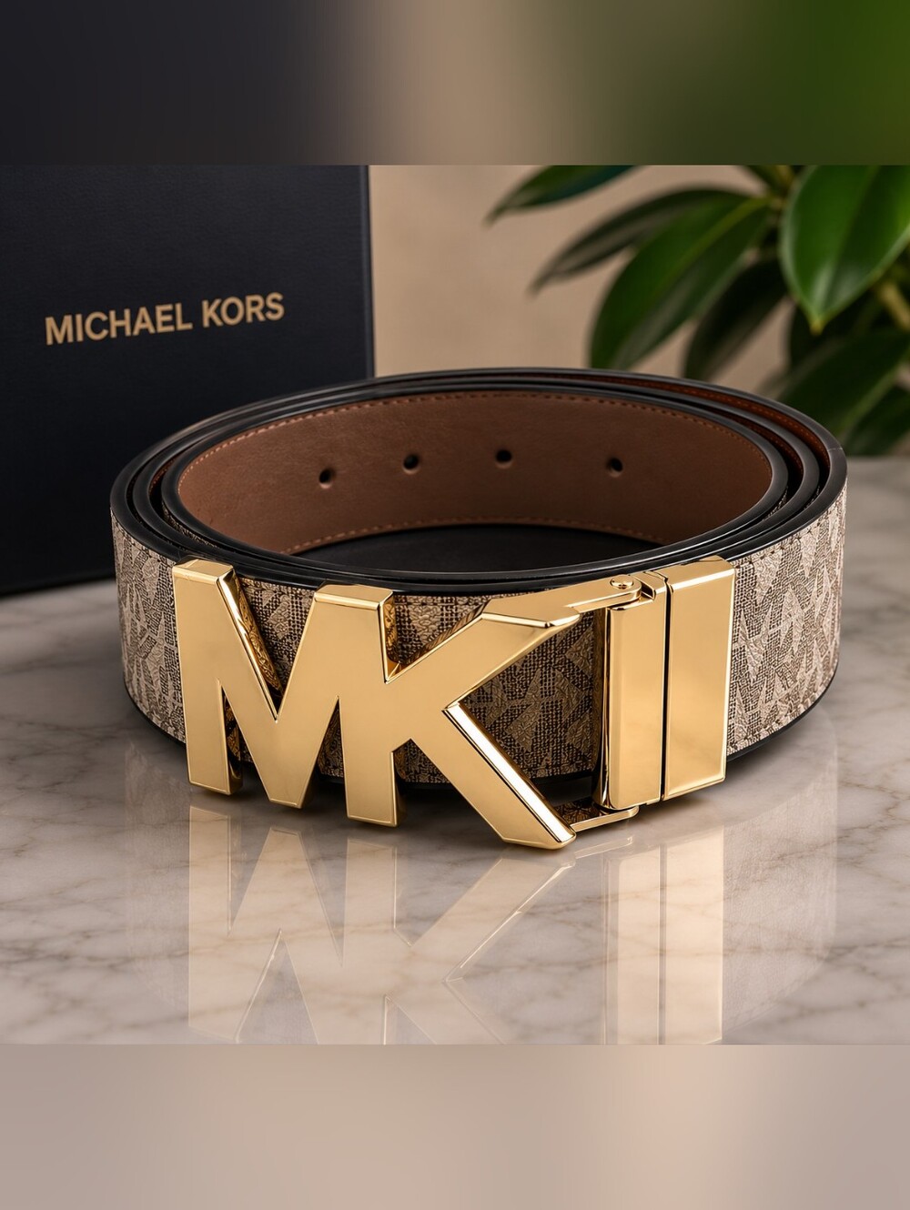 *NWT*Michael Kors Logo Buckle Monogram Reversible Belt in Brown & Gold, Size XXL